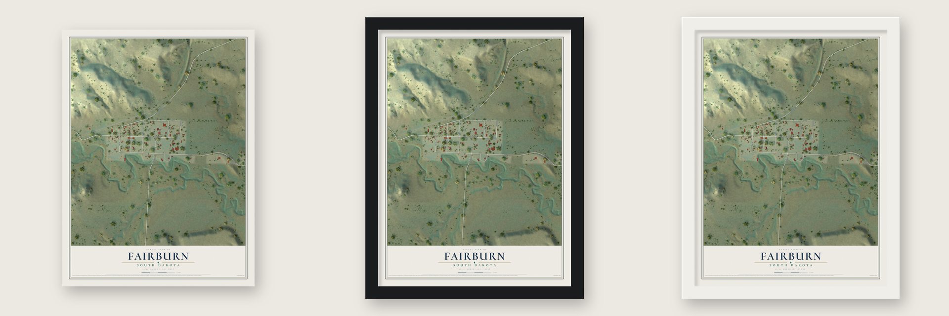 Fairburn, South Dakota map unframed, in a black wood frame and in a white wood frame