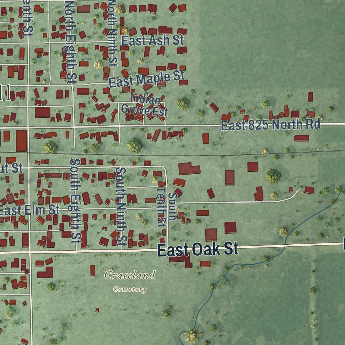 Second close-up of the map of Fairbury, Illinois print showing more streets and buildings