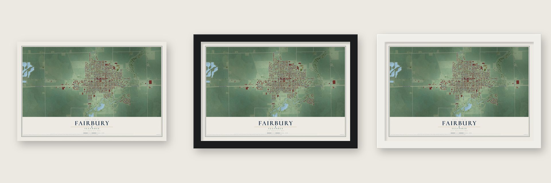 Fairbury, Illinois map unframed, in a black wood frame and in a white wood frame