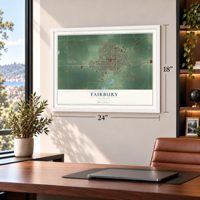Fairbury, Illinois map, 18 x 24 inch print in a white frame in a home office