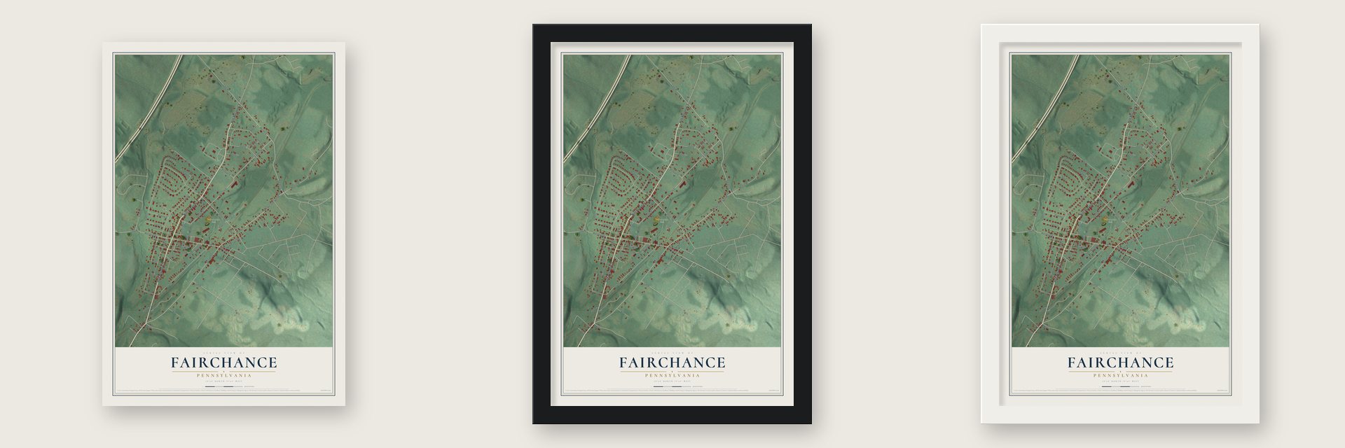 Fairchance, Pennsylvania map unframed, in a black wood frame and in a white wood frame