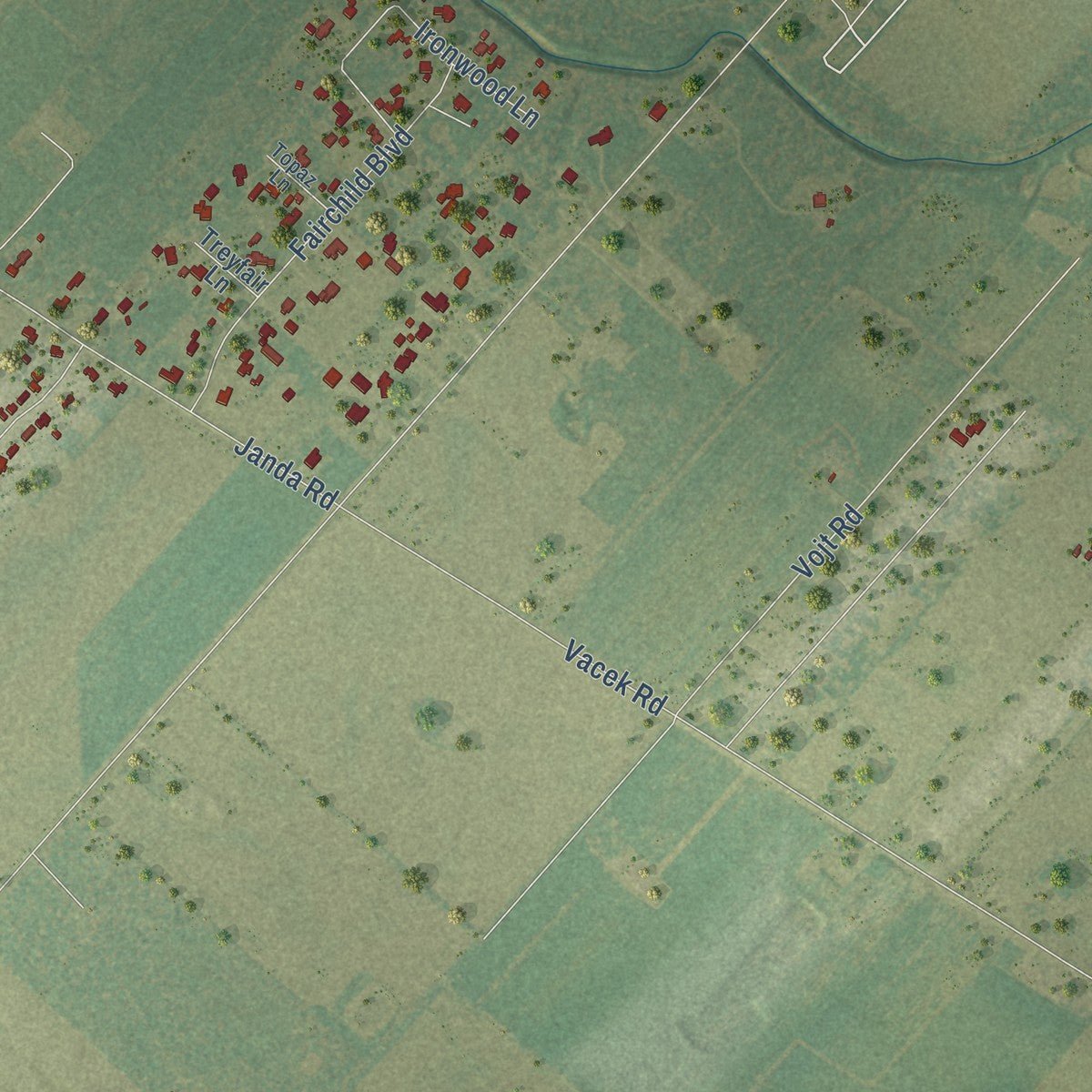 Second close-up of the map of Fairchilds, Texas print showing more streets and buildings