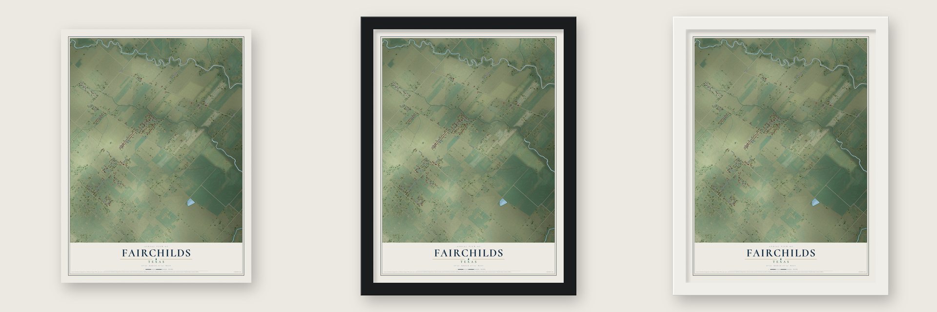 Fairchilds, Texas map unframed, in a black wood frame and in a white wood frame
