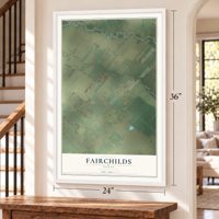 Fairchilds, Texas map, 24 x 36 inch print in a white frame by a staircase