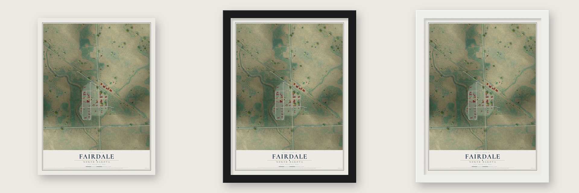 Fairdale, North Dakota map unframed, in a black wood frame and in a white wood frame