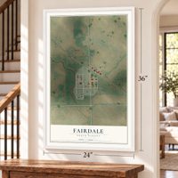 Fairdale, North Dakota map, 24 x 36 inch print in a white frame by a staircase
