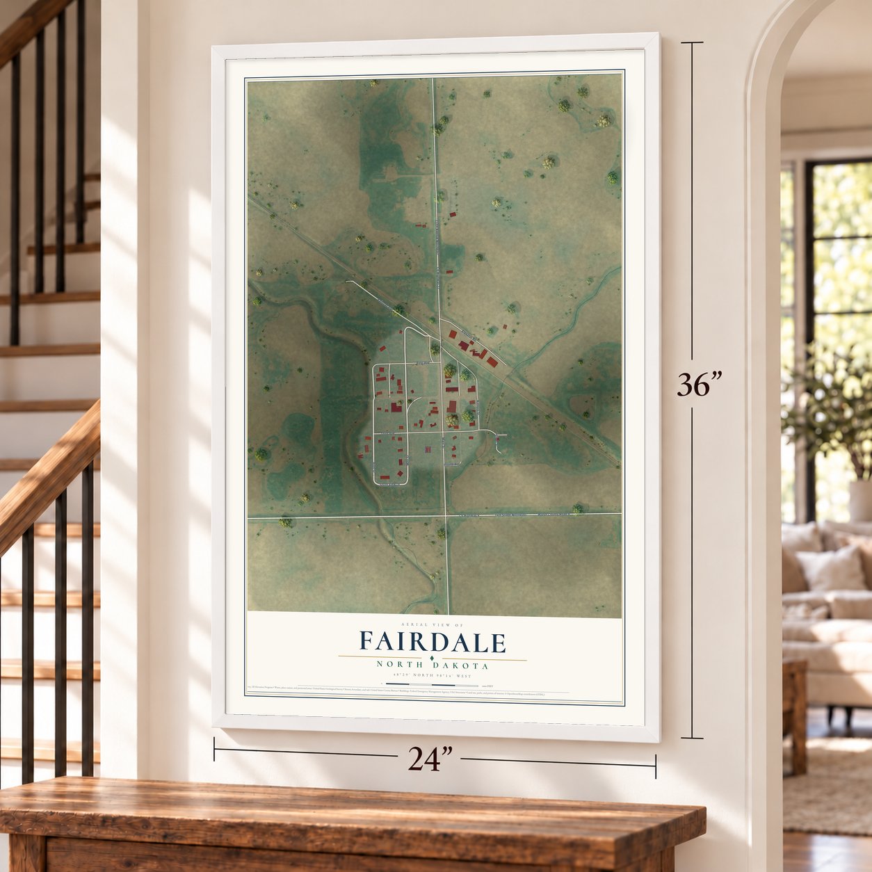 Fairdale, North Dakota map, 24 x 36 inch print in a white frame by a staircase