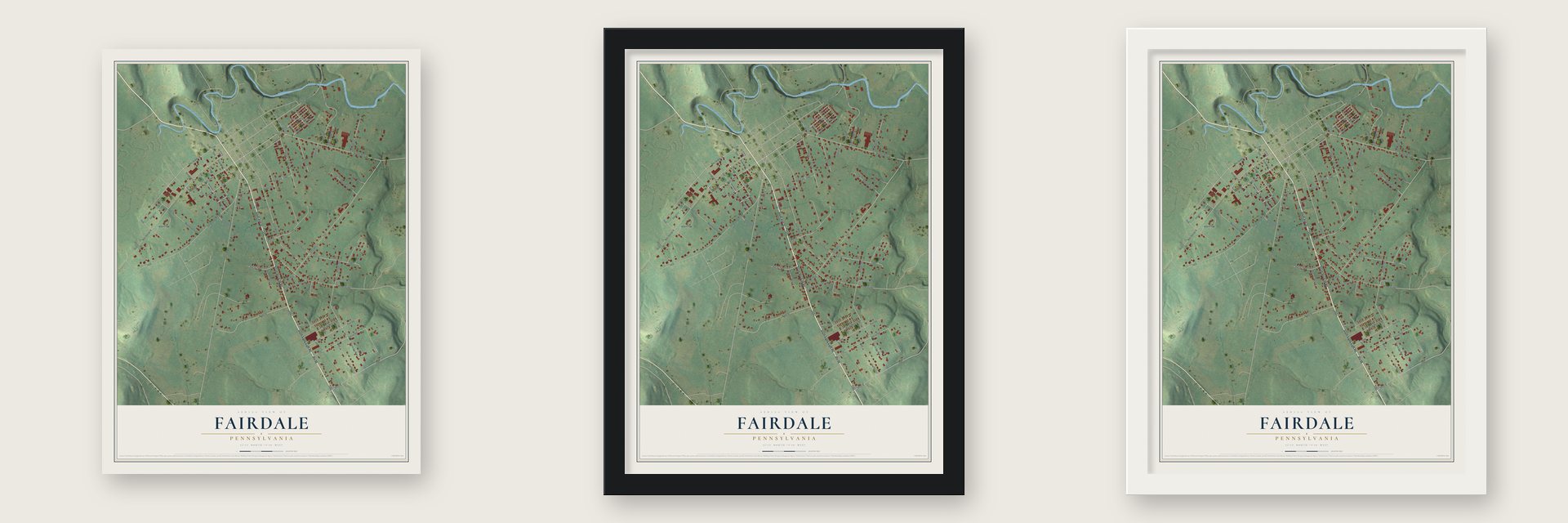 Fairdale, Pennsylvania map unframed, in a black wood frame and in a white wood frame