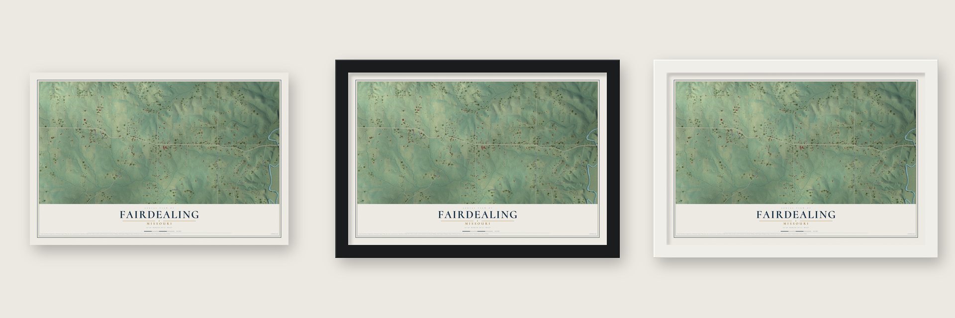 Fairdealing, Missouri map unframed, in a black wood frame and in a white wood frame