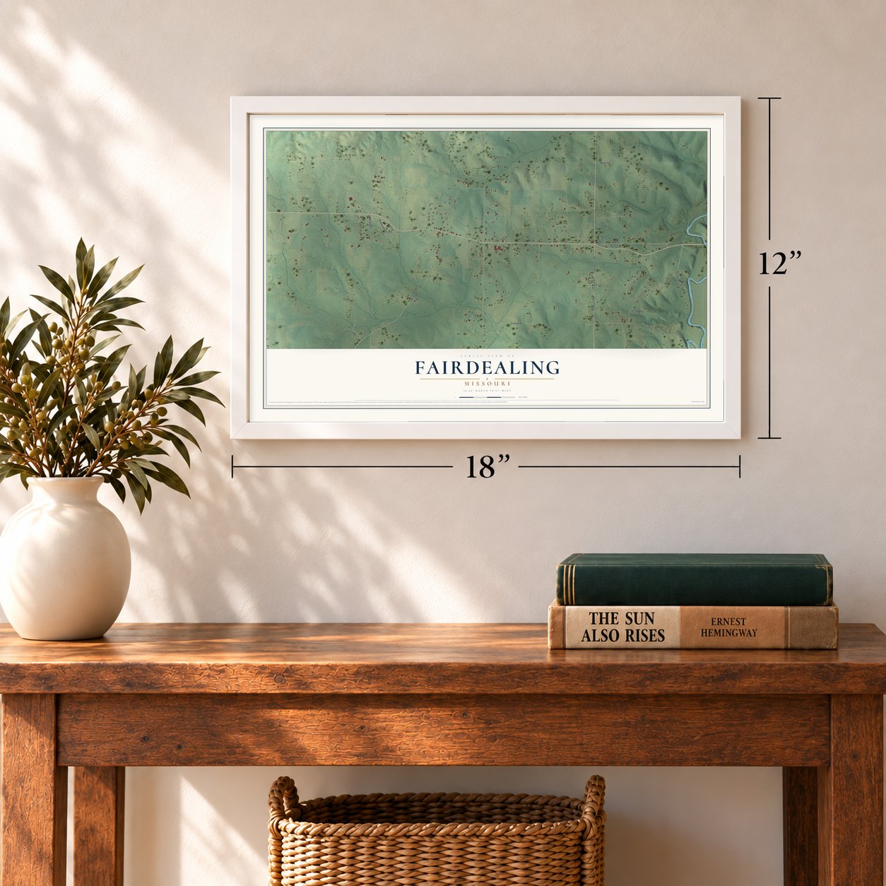 Fairdealing, Missouri map, 12 x 18 inch print in a white frame in an entryway