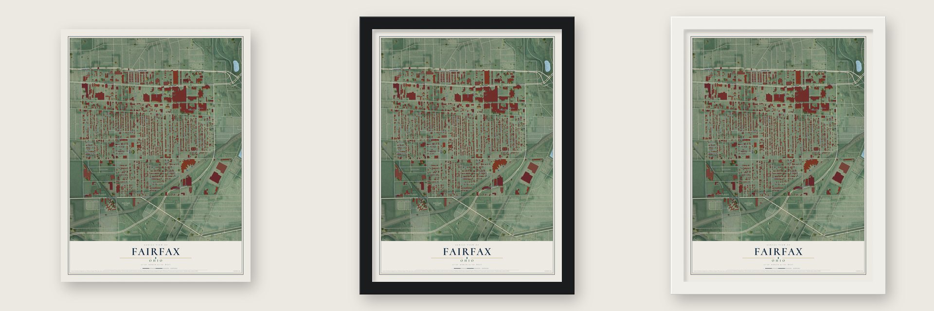 Fairfax, Cleveland, Ohio map unframed, in a black wood frame and in a white wood frame