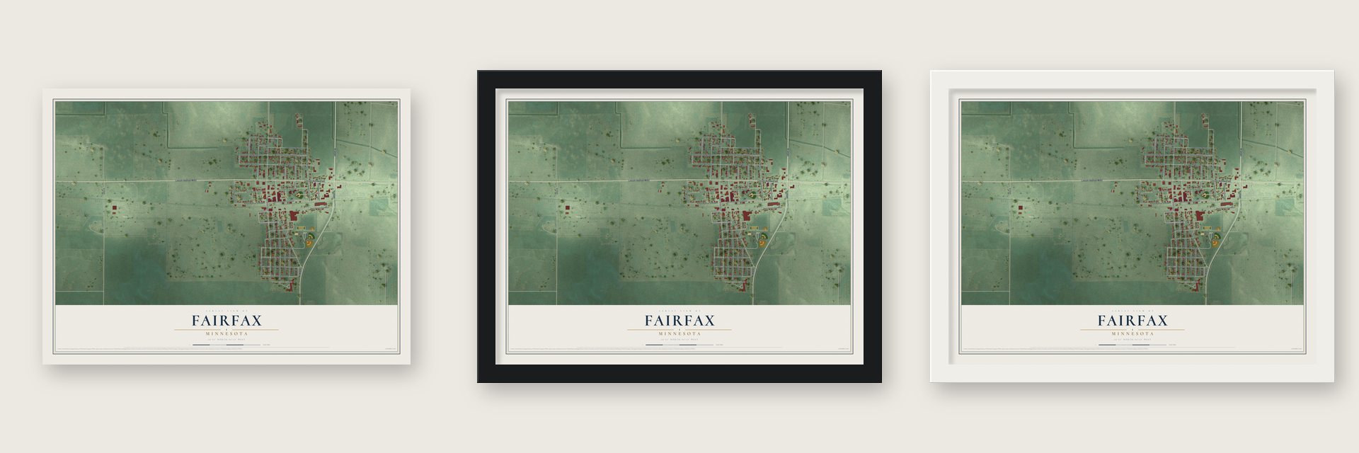 Fairfax, Minnesota map unframed, in a black wood frame and in a white wood frame
