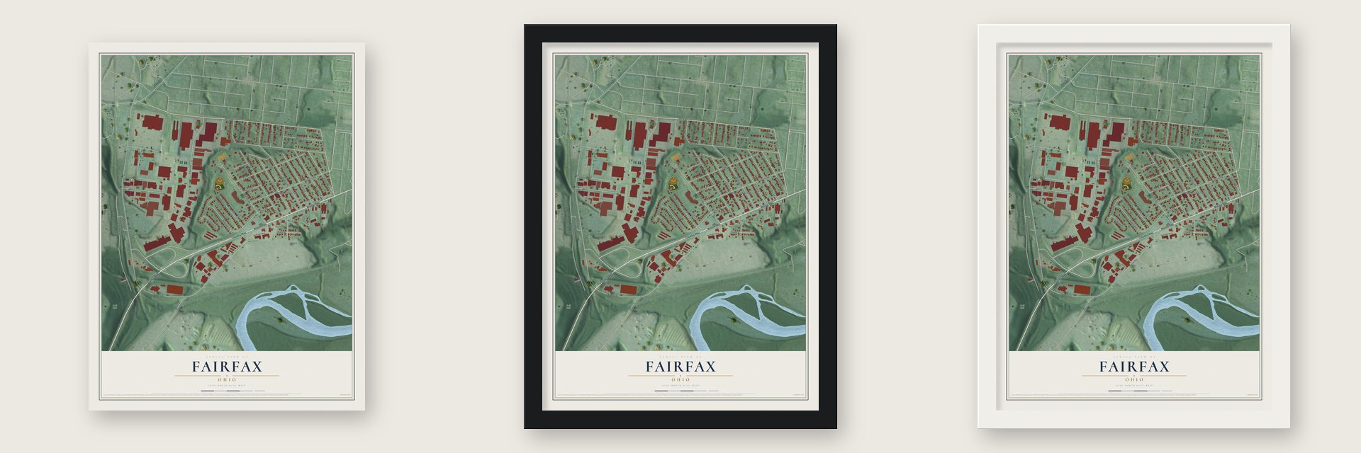 Fairfax, Ohio map unframed, in a black wood frame and in a white wood frame