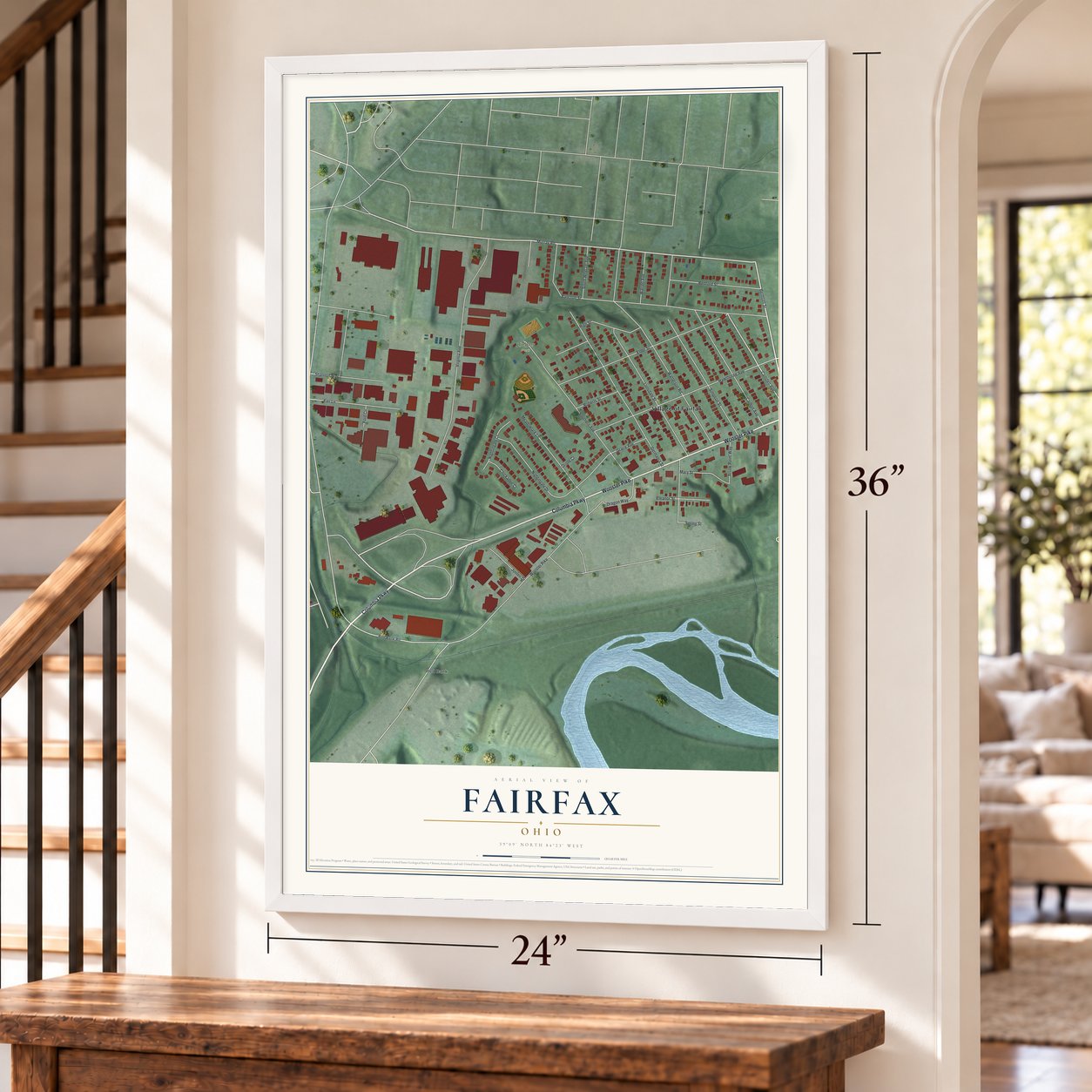 Fairfax, Ohio map, 24 x 36 inch print in a white frame by a staircase