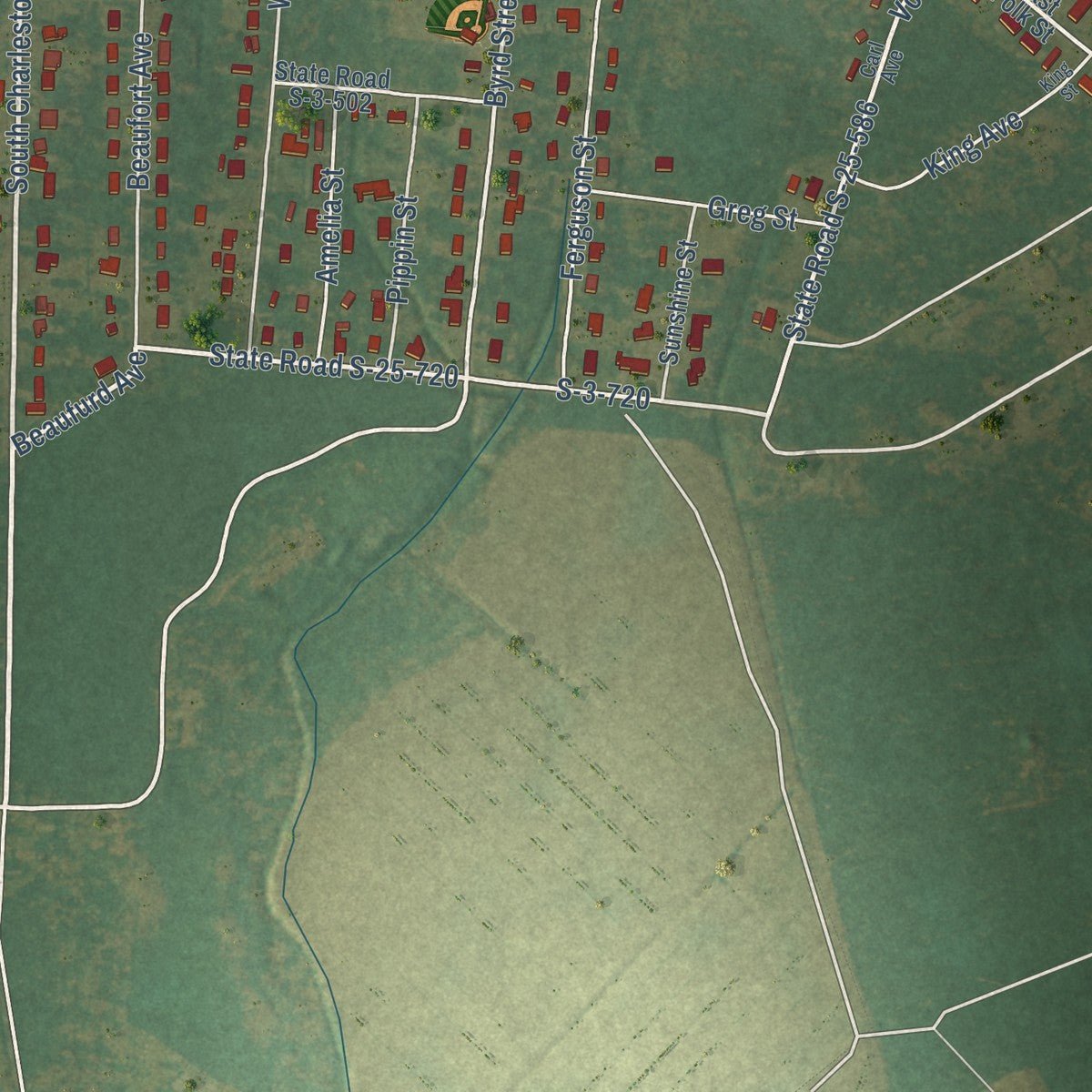 Second close-up of the map of Fairfax, South Carolina print showing more streets and buildings