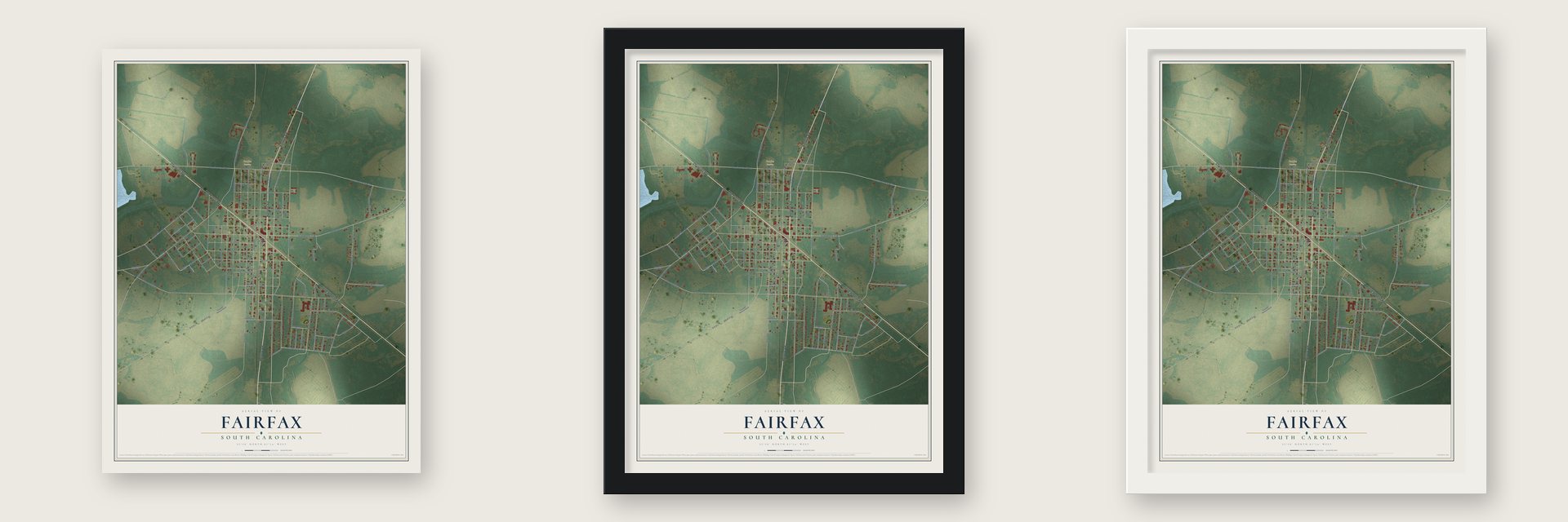 Fairfax, South Carolina map unframed, in a black wood frame and in a white wood frame