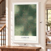 Fairfax, South Carolina map, 24 x 36 inch print in a white frame by a staircase