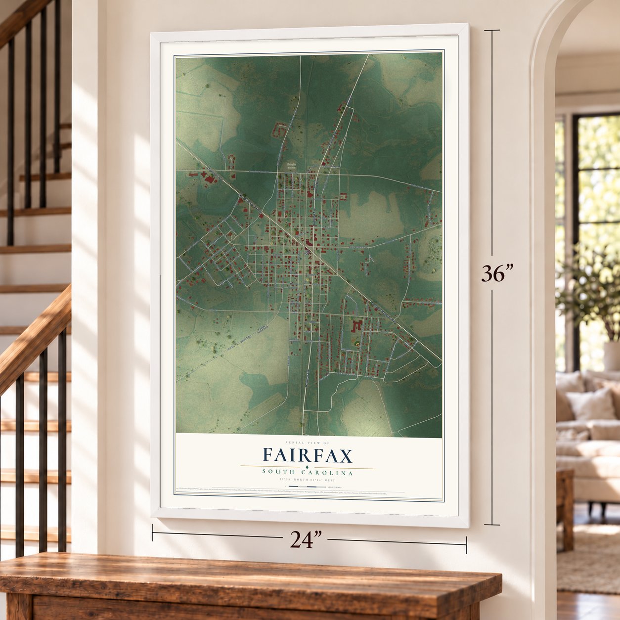 Fairfax, South Carolina map, 24 x 36 inch print in a white frame by a staircase