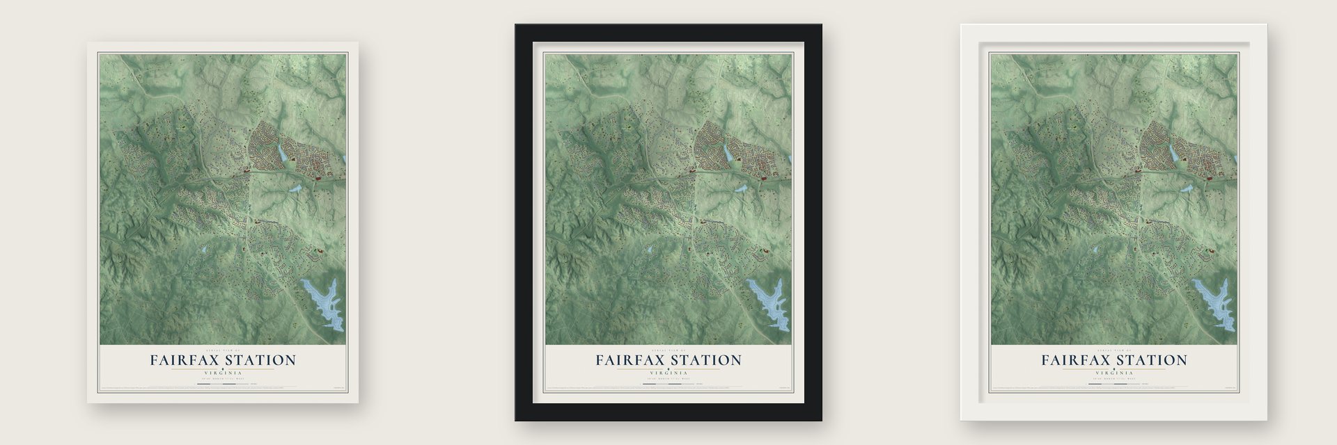 Fairfax Station, Virginia map unframed, in a black wood frame and in a white wood frame