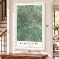 Fairfax Station, Virginia map, 24 x 36 inch print in a white frame by a staircase