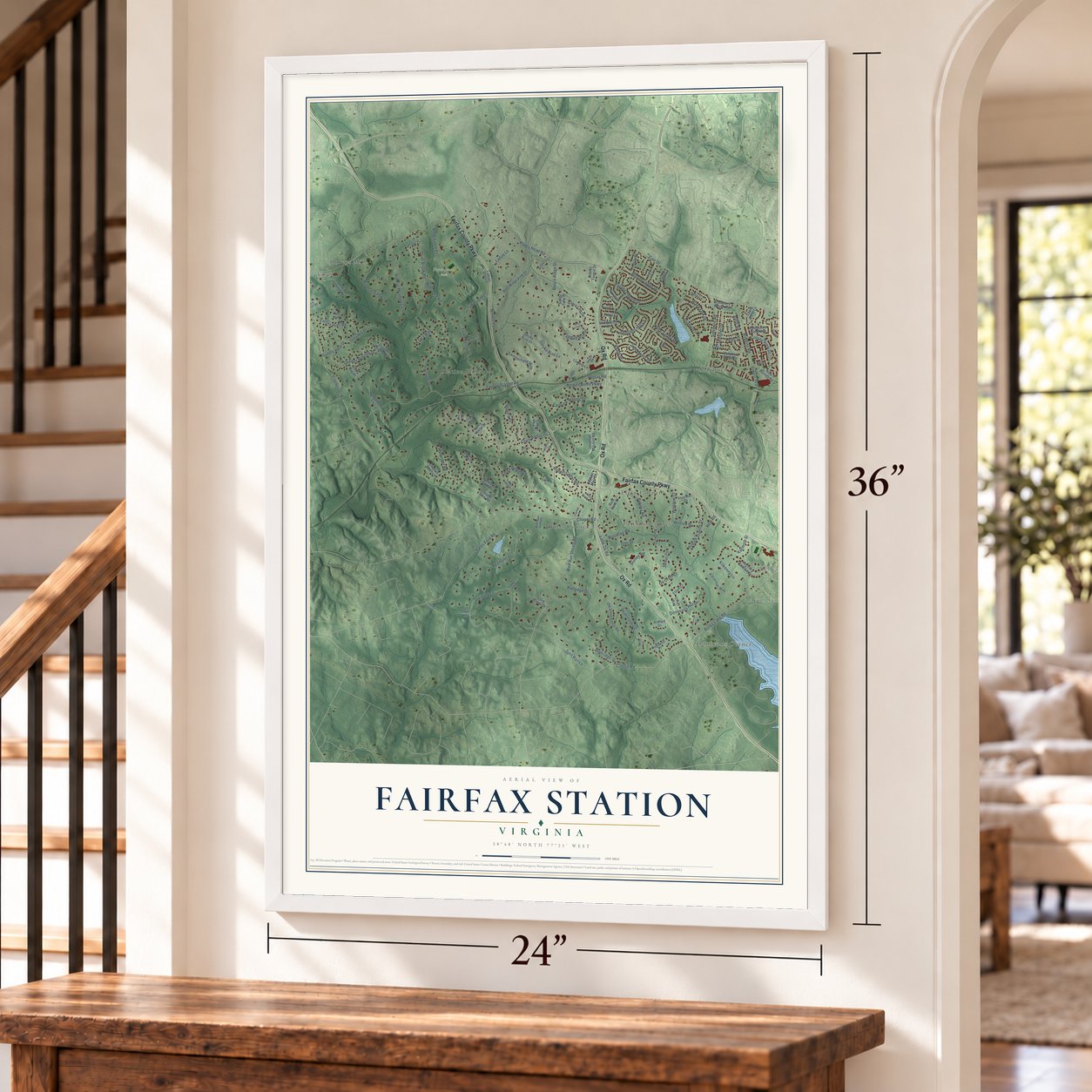 Fairfax Station, Virginia map, 24 x 36 inch print in a white frame by a staircase