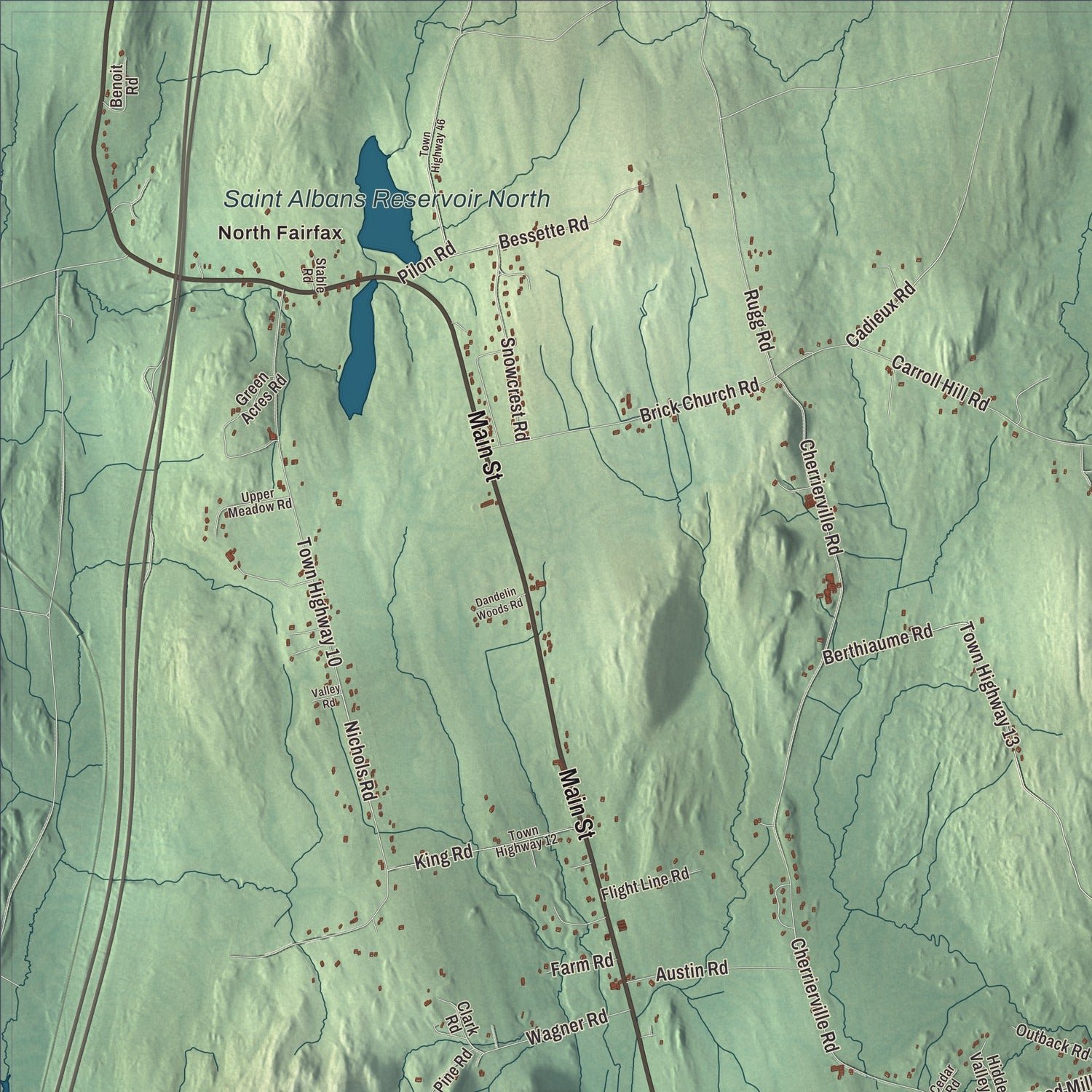 Close-up of the map of Fairfax, Vermont print showing terrain and local geography