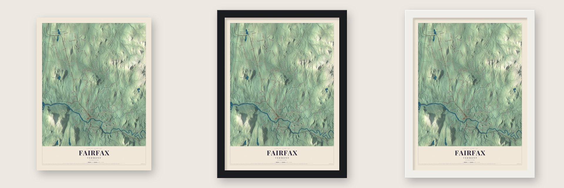 Fairfax, Vermont map unframed, in a black wood frame and in a white wood frame
