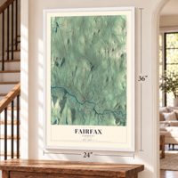 Fairfax, Vermont map, 24 x 36 inch print in a white frame by a staircase