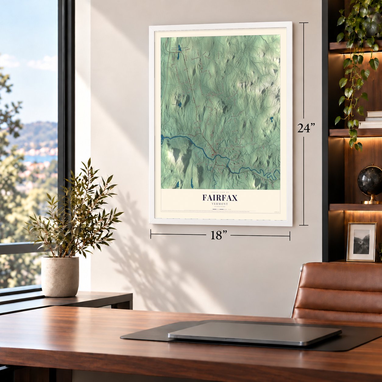 Fairfax, Vermont map, 18 x 24 inch print in a white frame in a home office