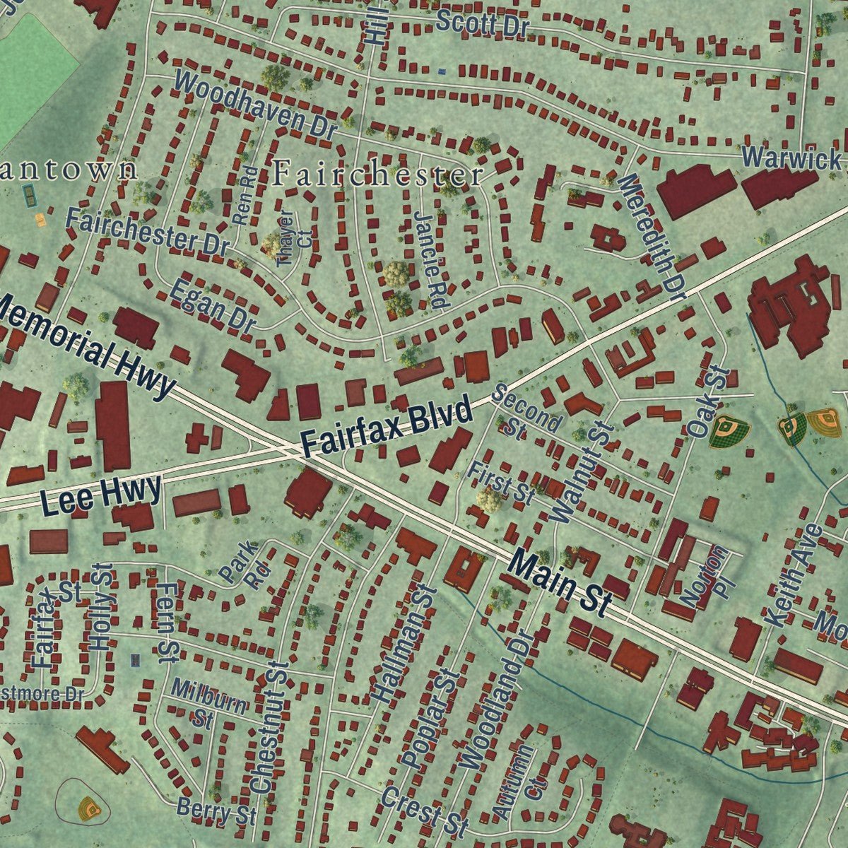 Second close-up of the map of Fairfax, Virginia print showing more streets and buildings