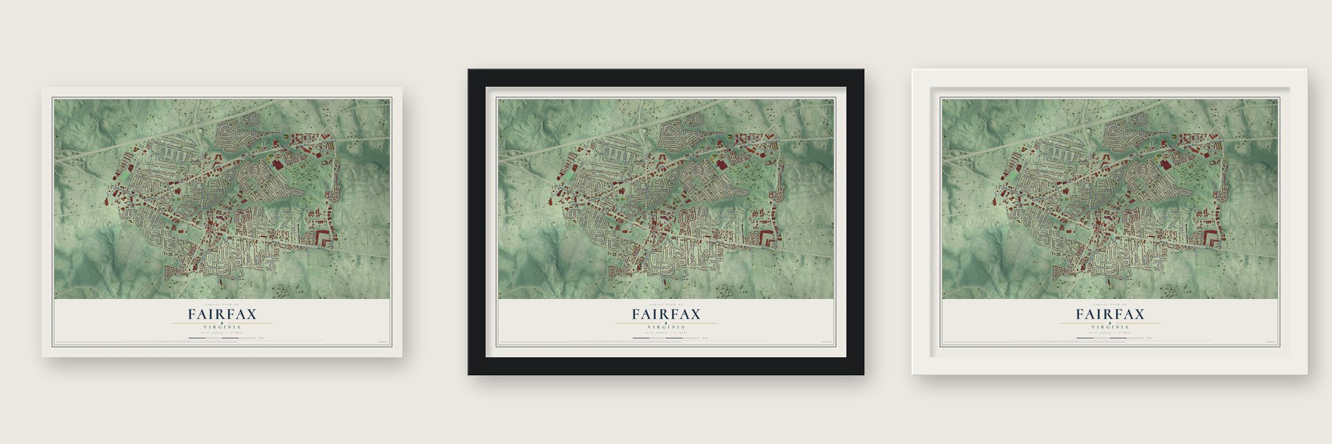 Fairfax, Virginia map unframed, in a black wood frame and in a white wood frame