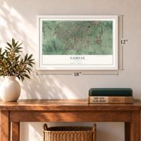 Fairfax, Virginia map, 12 x 18 inch print in a white frame in an entryway