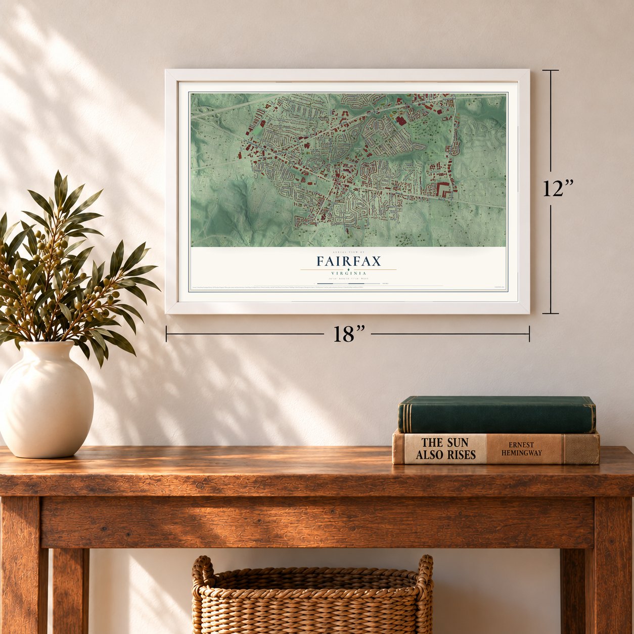 Fairfax, Virginia map, 12 x 18 inch print in a white frame in an entryway