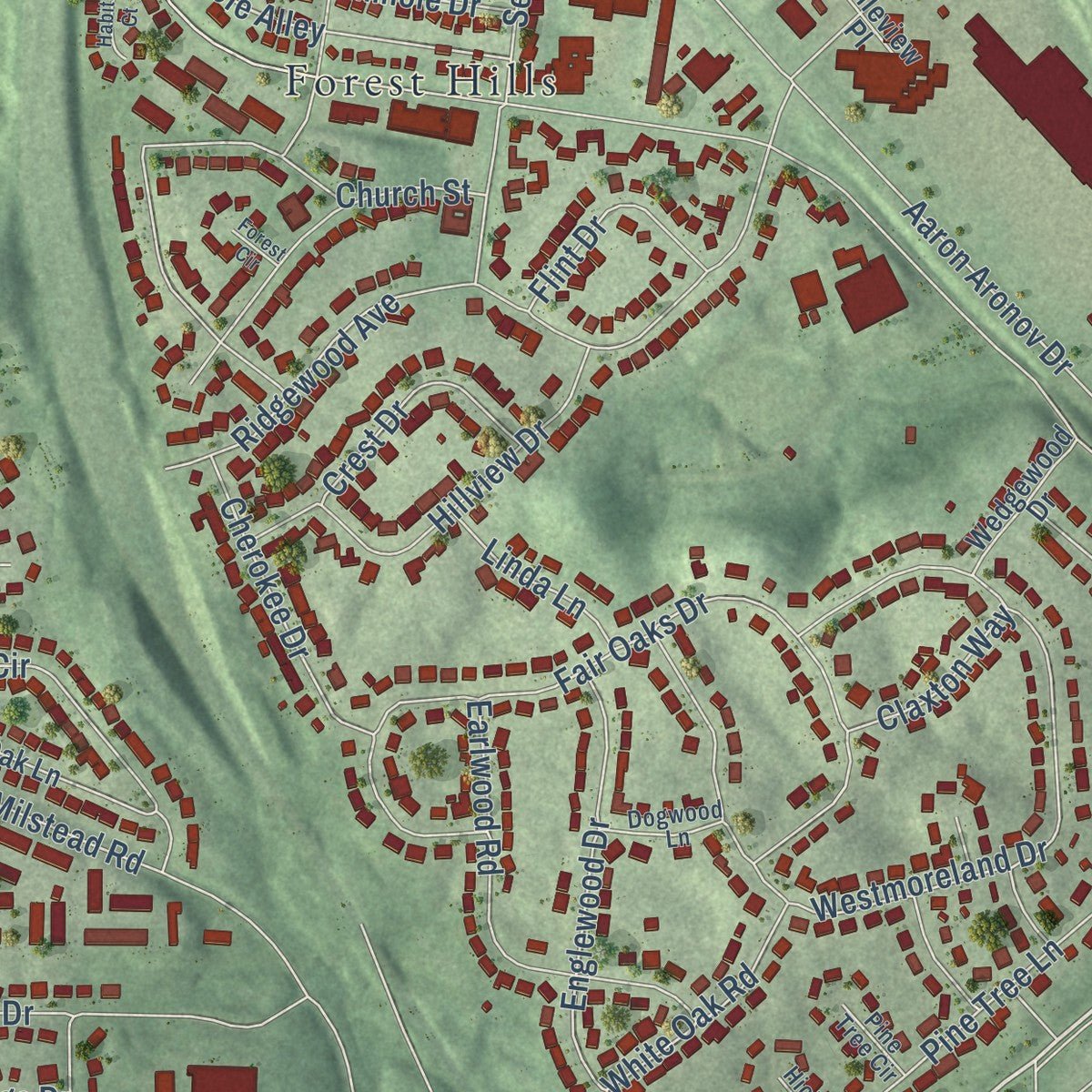 Second close-up of the map of Fairfield, Alabama print showing more streets and buildings