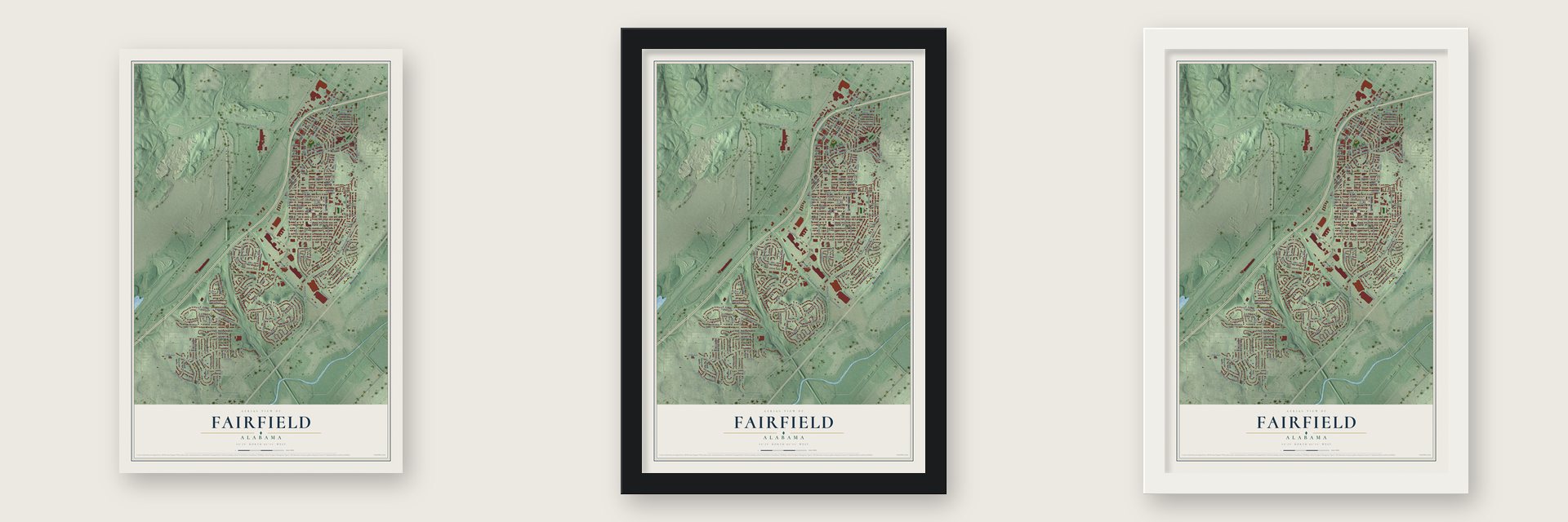 Fairfield, Alabama map unframed, in a black wood frame and in a white wood frame