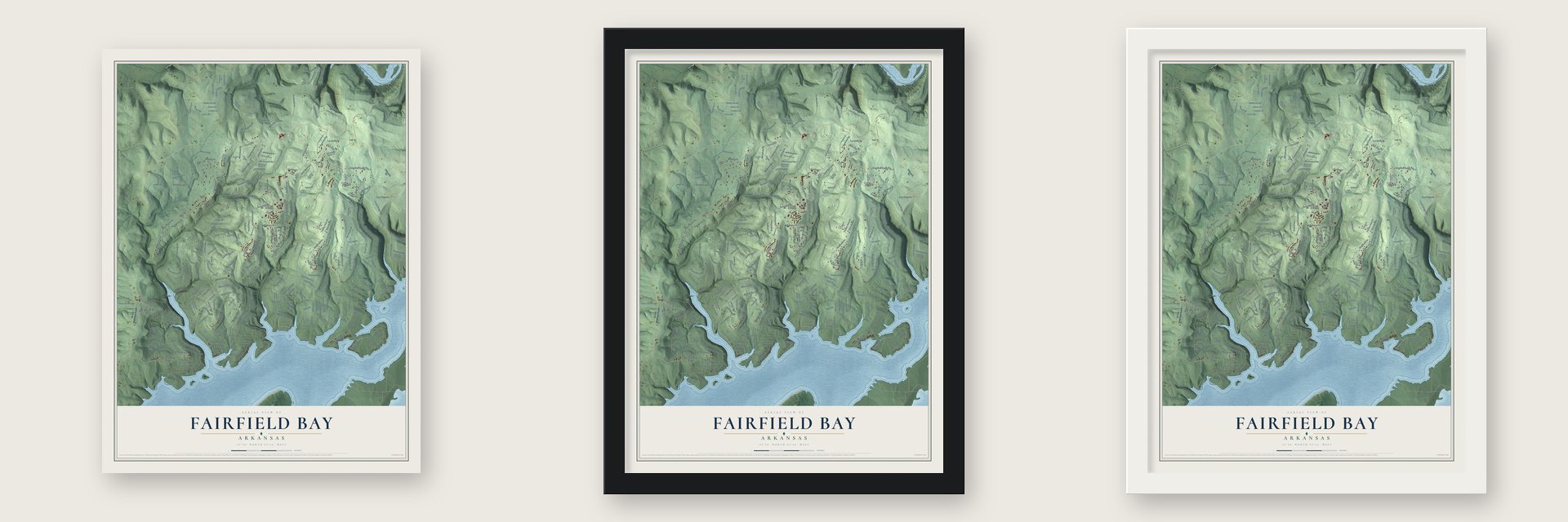 Fairfield Bay, Arkansas map unframed, in a black wood frame and in a white wood frame