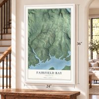 Fairfield Bay, Arkansas map, 24 x 36 inch print in a white frame by a staircase