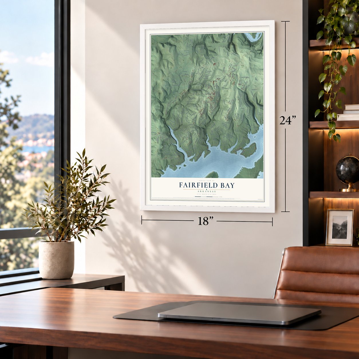 Fairfield Bay, Arkansas map, 18 x 24 inch print in a white frame in a home office