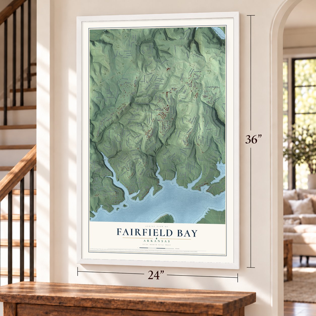 Fairfield Bay, Arkansas map, 24 x 36 inch print in a white frame by a staircase