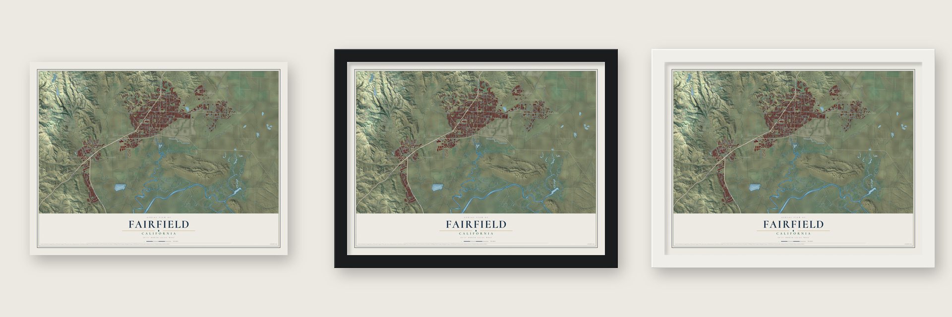 Fairfield, California map unframed, in a black wood frame and in a white wood frame