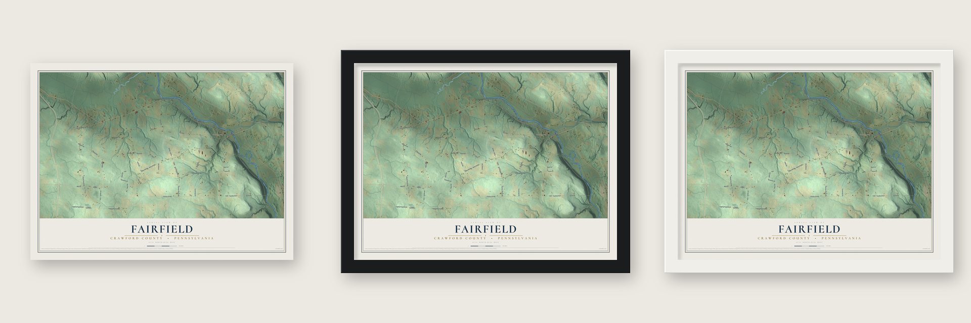 Fairfield, Crawford County, Pennsylvania map unframed, in a black wood frame and in a white wood frame