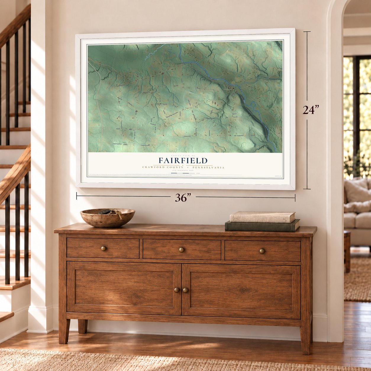 Fairfield, Crawford County, Pennsylvania map, 24 x 36 inch print in a white frame above a dresser by a staircase