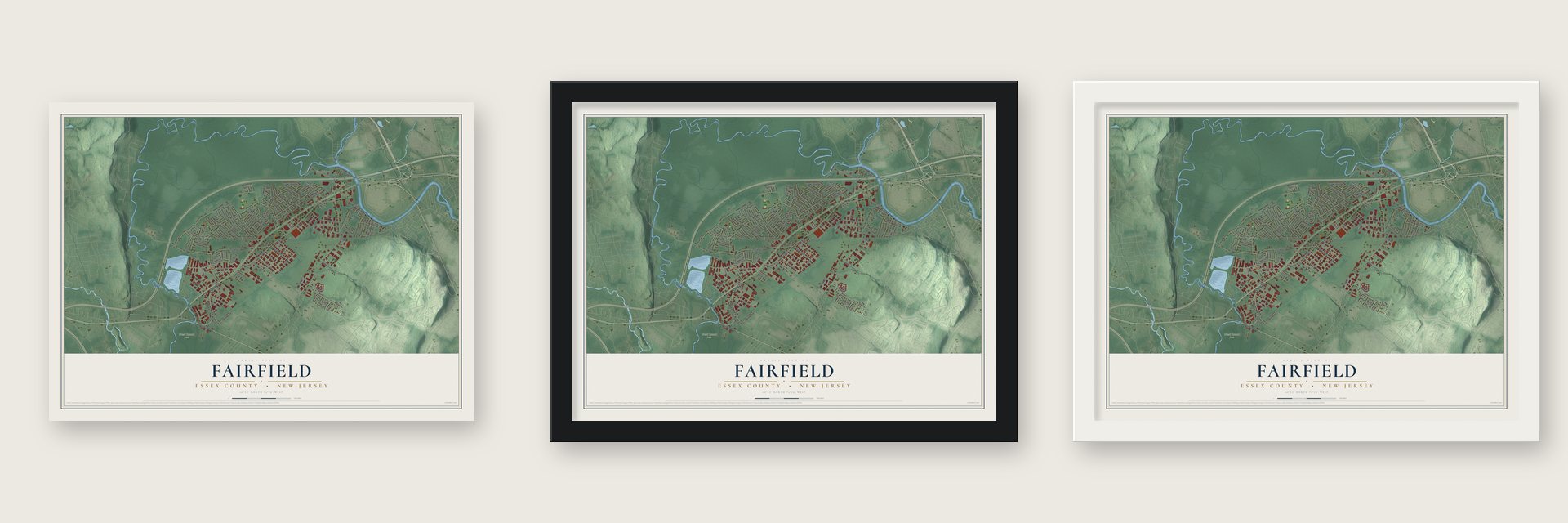 Fairfield, Essex County, New Jersey map unframed, in a black wood frame and in a white wood frame