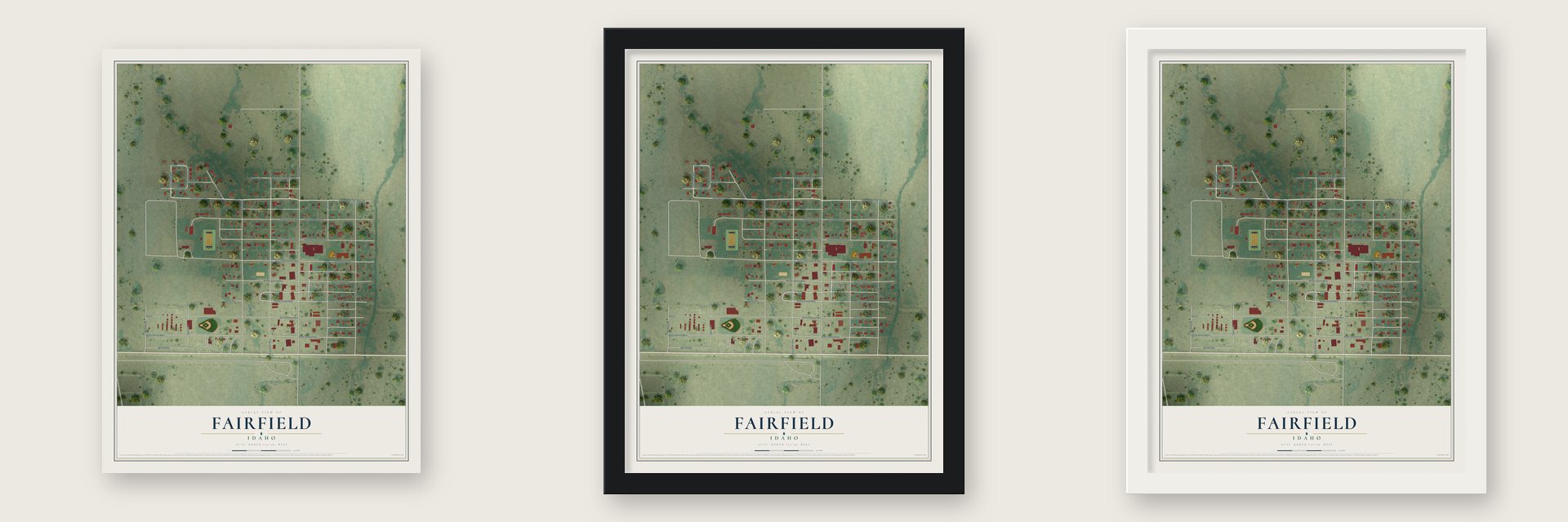 Fairfield, Idaho map unframed, in a black wood frame and in a white wood frame
