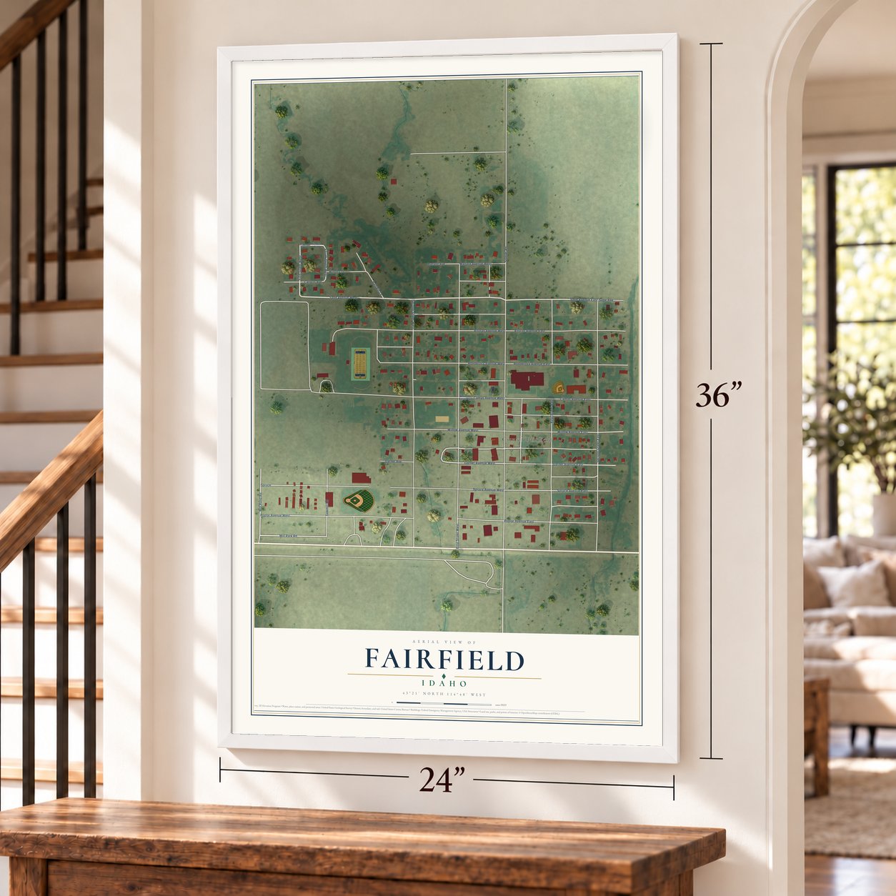 Fairfield, Idaho map, 24 x 36 inch print in a white frame by a staircase