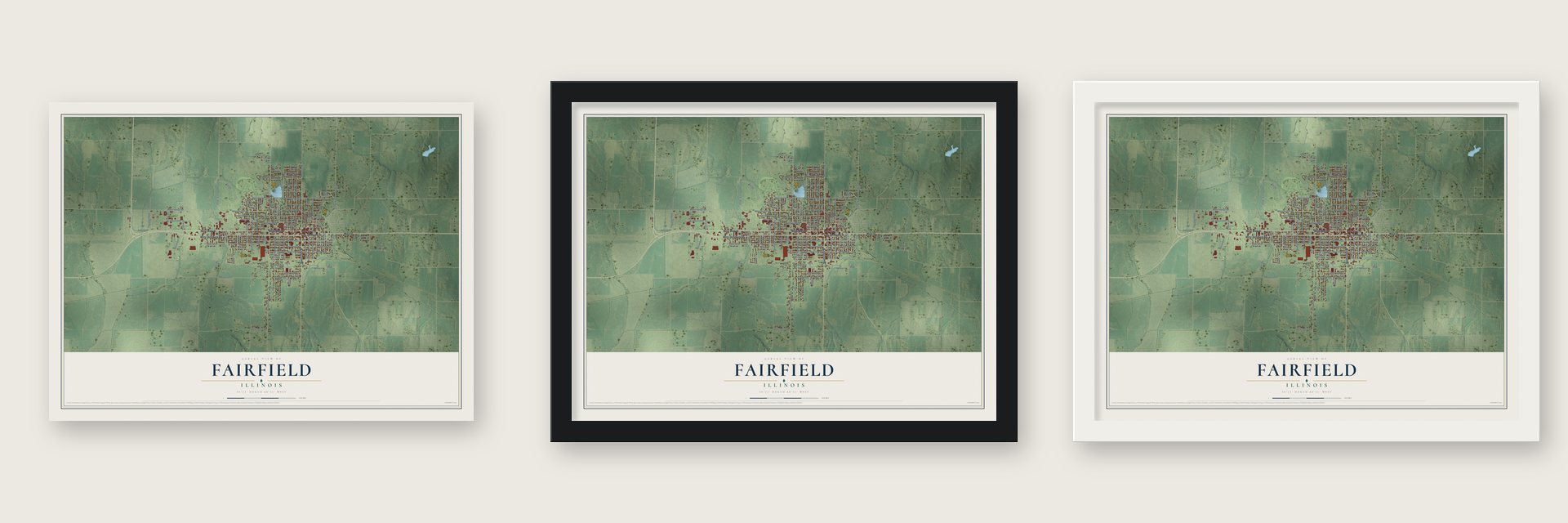 Fairfield, Illinois map unframed, in a black wood frame and in a white wood frame