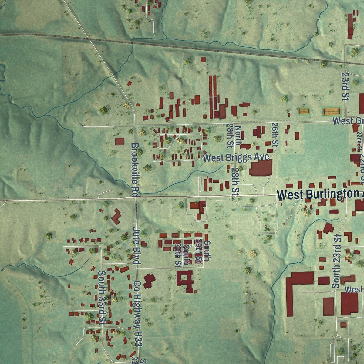 Second close-up of the map of Fairfield, Iowa print showing more streets and buildings
