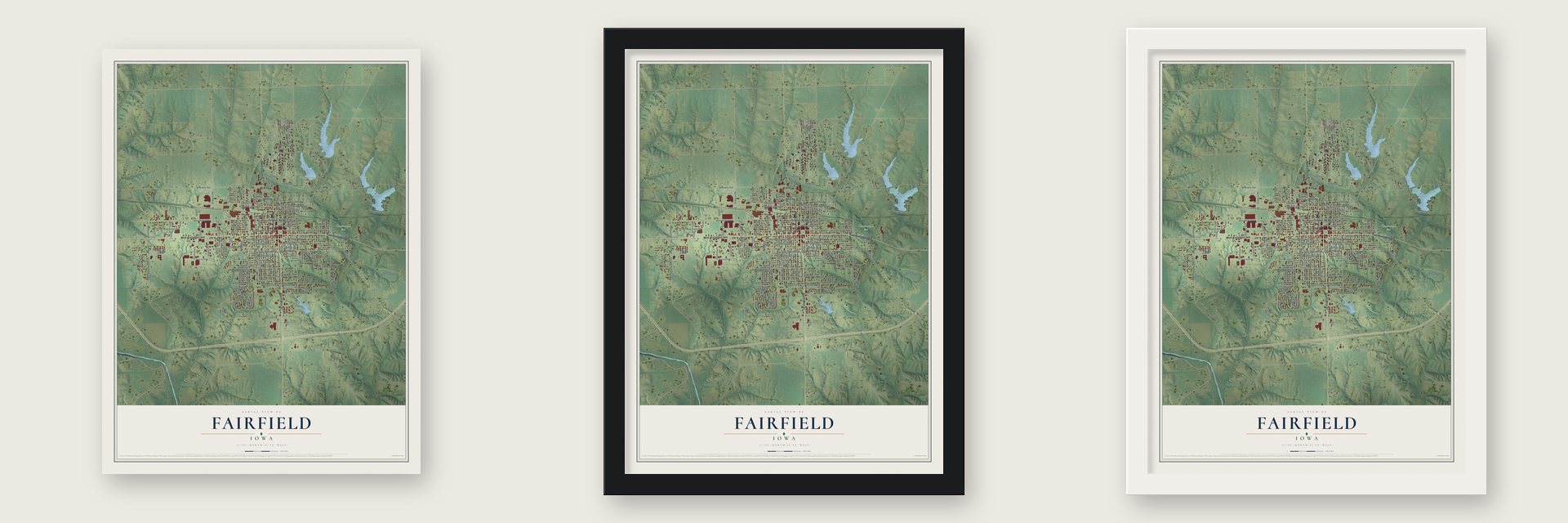 Fairfield, Iowa map unframed, in a black wood frame and in a white wood frame