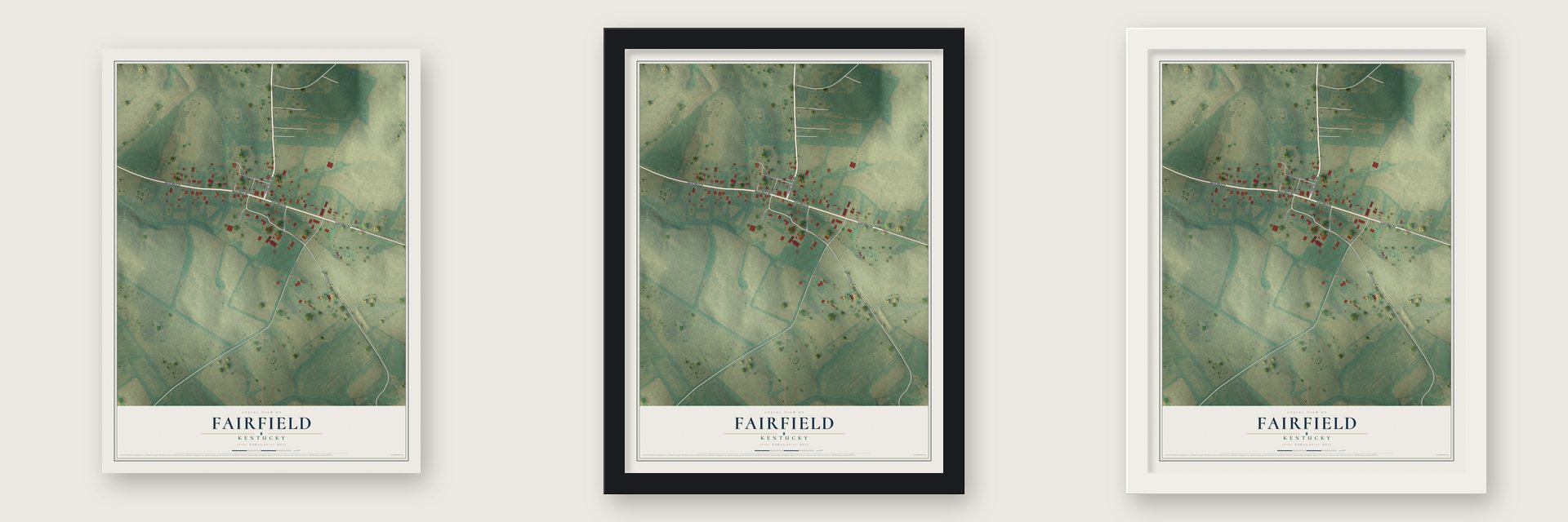 Fairfield, Kentucky map unframed, in a black wood frame and in a white wood frame