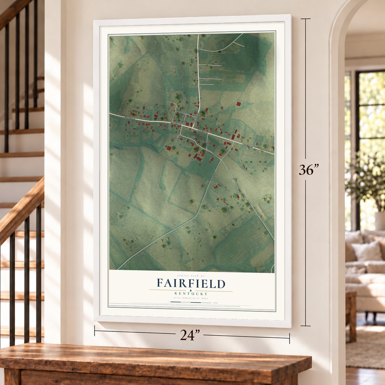 Fairfield, Kentucky map, 24 x 36 inch print in a white frame by a staircase
